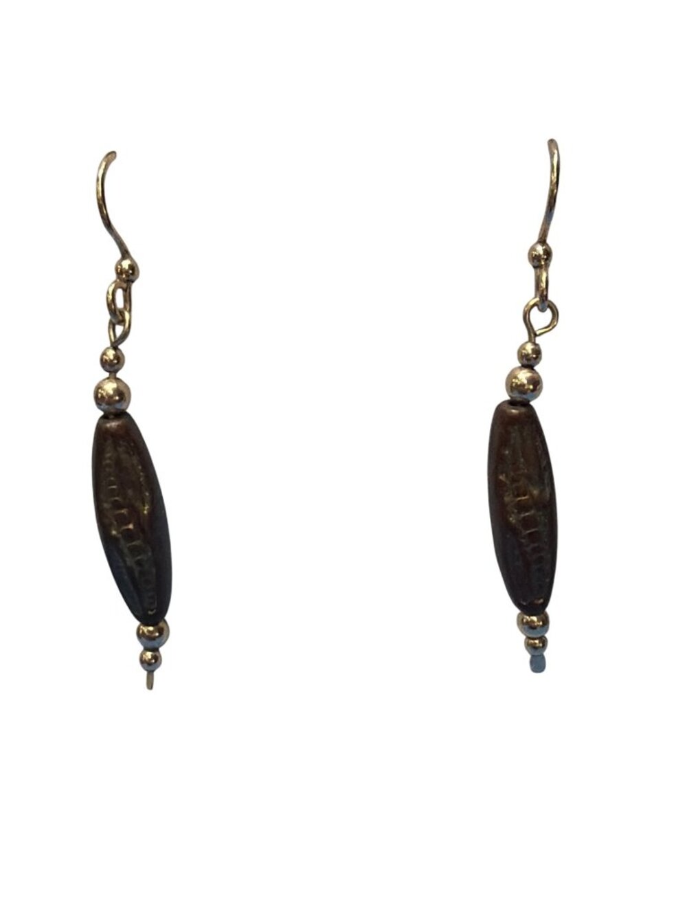 Gold Tone Dangle Drop Earrings Long Etched Brown Bead 1.75" Lightweight